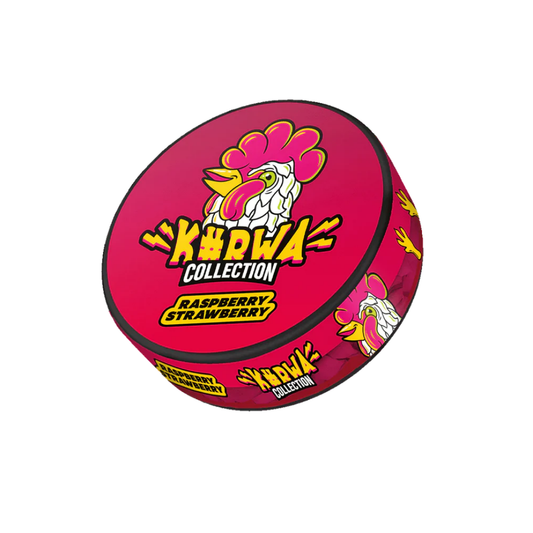 Detail close-up of a pink canister with a chicken logo and label design on a transparent background