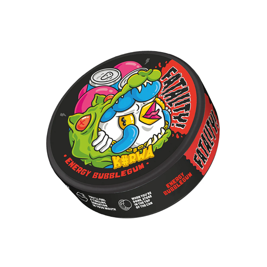 Detail close-up of Kurwa Fatality Energy Bubblegum packaging featuring colorful graphics and a screw top lid.