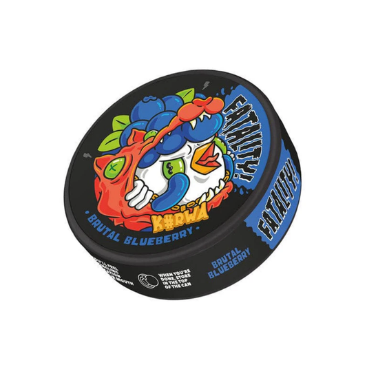 Detail close-up of Kurwa Brutal Blueberry snus packaging featuring a colorful design with blue and black colors.
