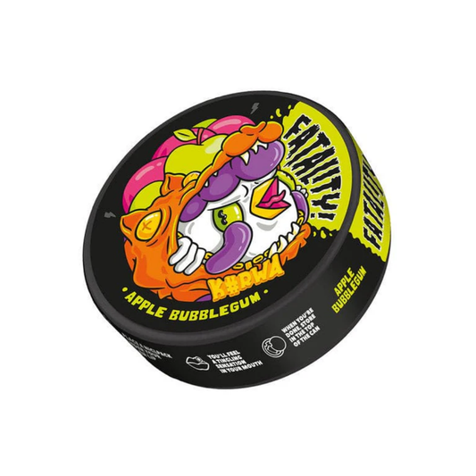 Detail close-up of the Kurwa Fatality Apple Bubblegum snus container featuring a graphic design in black and yellow.