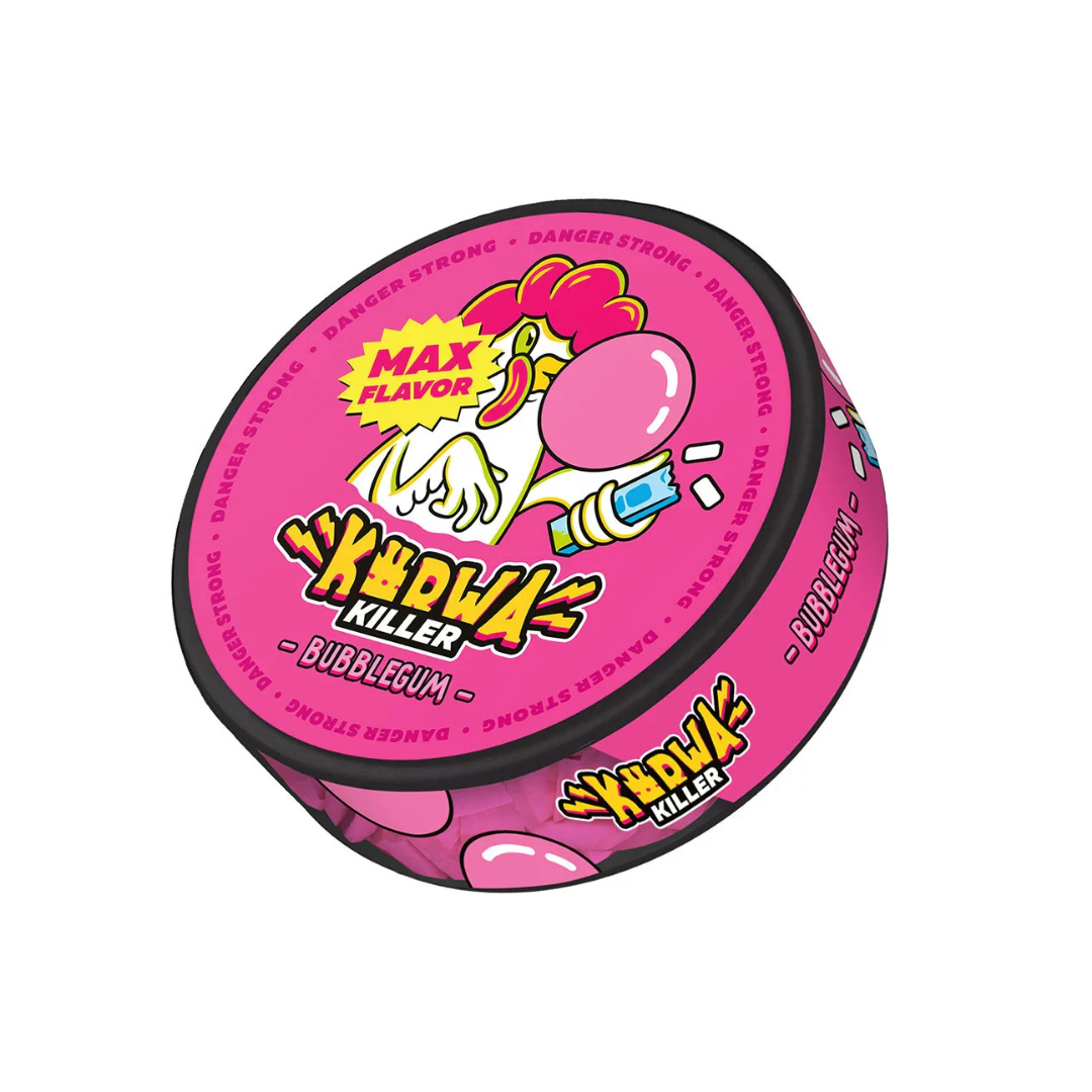 Front view of a pink candy container with a cartoon design, showcasing bubble gum flavor.