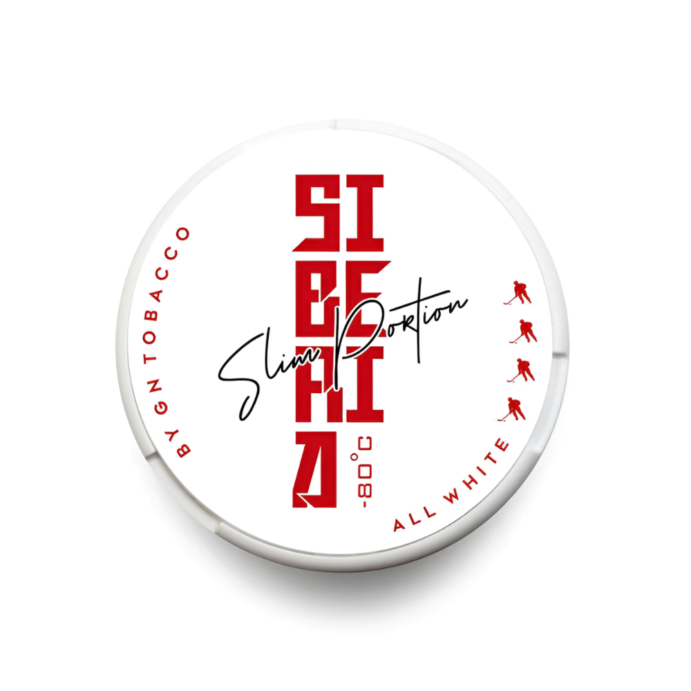 Detail close-up of the Siberia All White Slim Portion container featuring red text design on a white background.