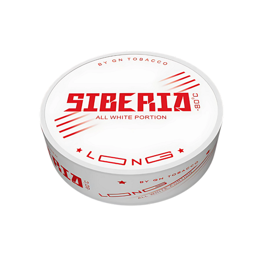 Detail close-up of the Siberia All White Long can showcasing the brand logo and text design on a transparent background