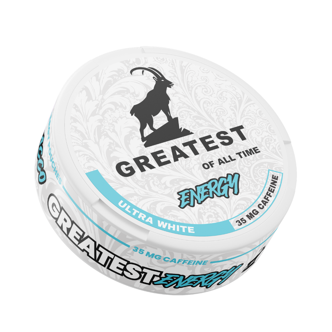 Detail close-up of the Greatest Energy circular tin container in white, black, and blue with text branding.