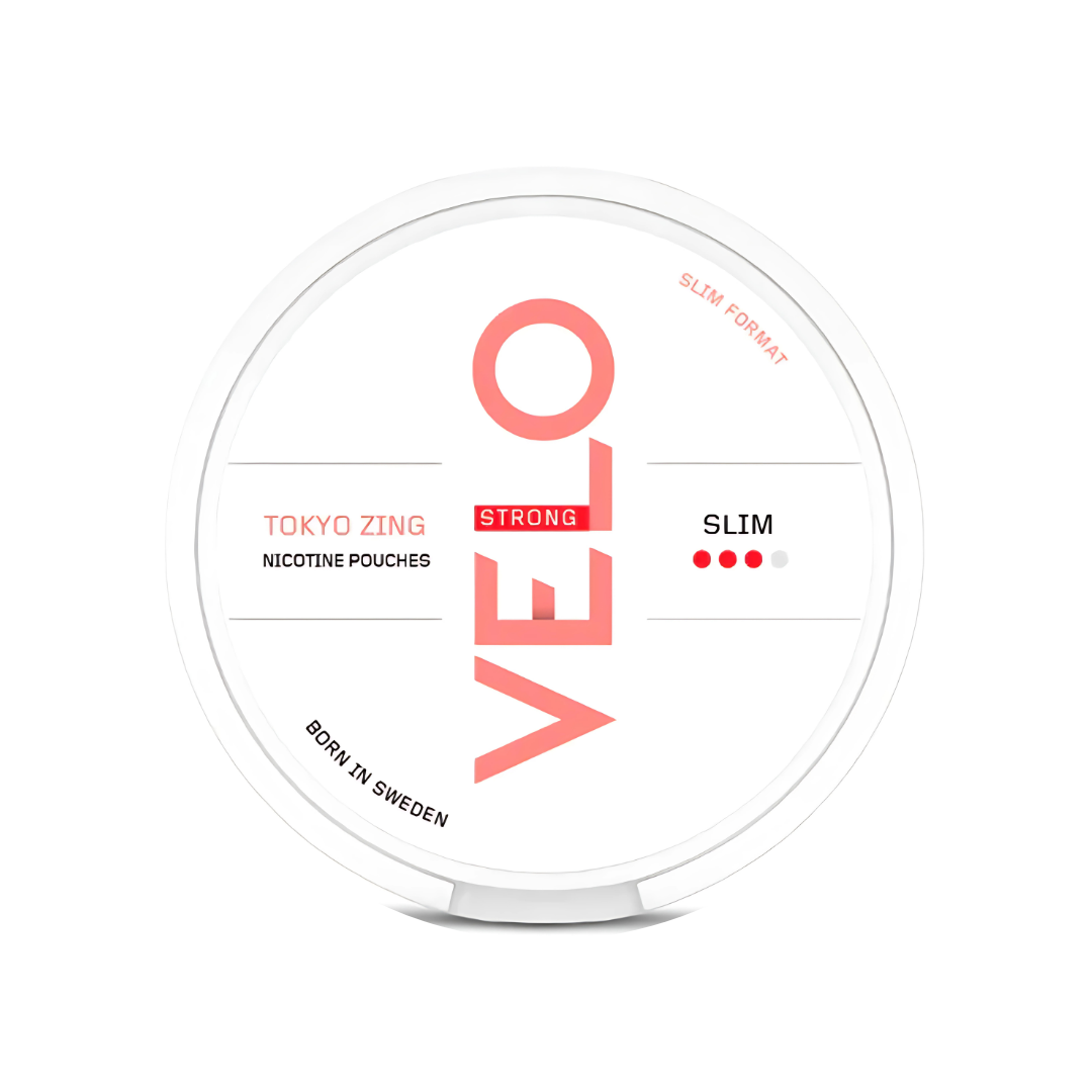 Detail close-up of a circular white and red snus container featuring a minimalist design and brand name.