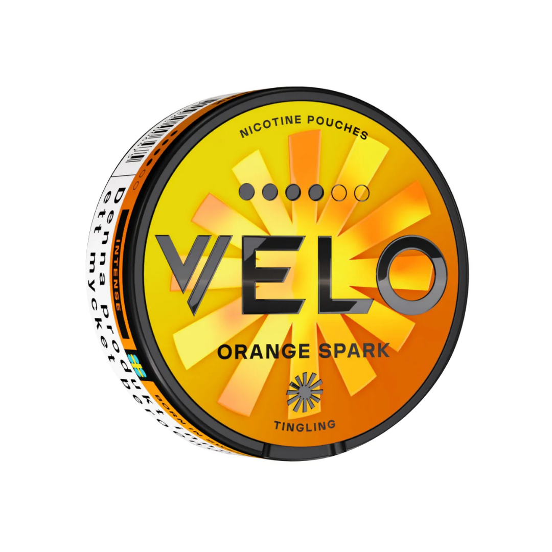 Front view of the round snus can featuring a bold logo, citrus flavor, in orange and yellow colors.