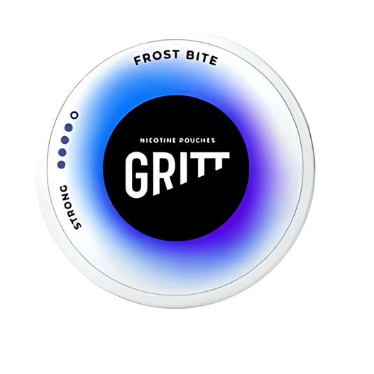 Circular product label featuring a gradient design in blue, black, and white with bold text and brand logo.