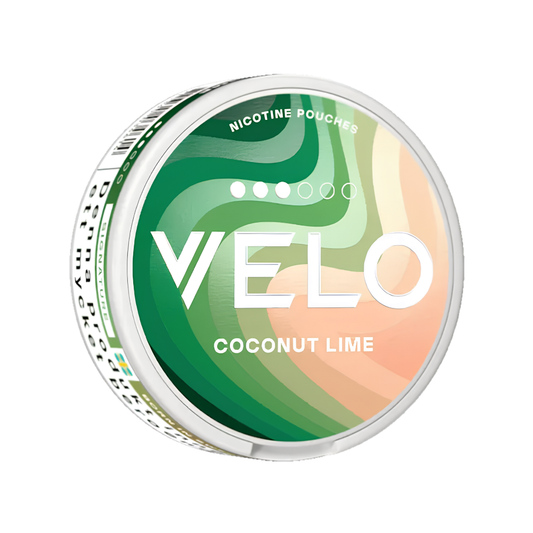 Detail close-up of the coconut lime flavored can showcasing a swirl design in green, white, and orange.