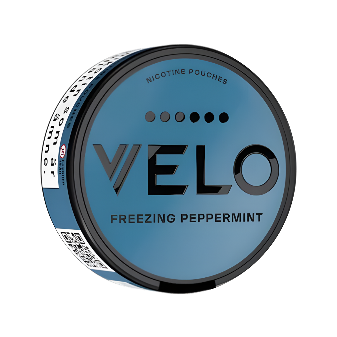 Detail close-up of a round peppermint-flavored snus can in blue, black, and white colors with branding text.