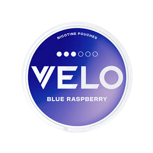 Detail close-up of Velo Blue Raspberry snus can featuring logo and flavor name in blue and white on a transparent background.