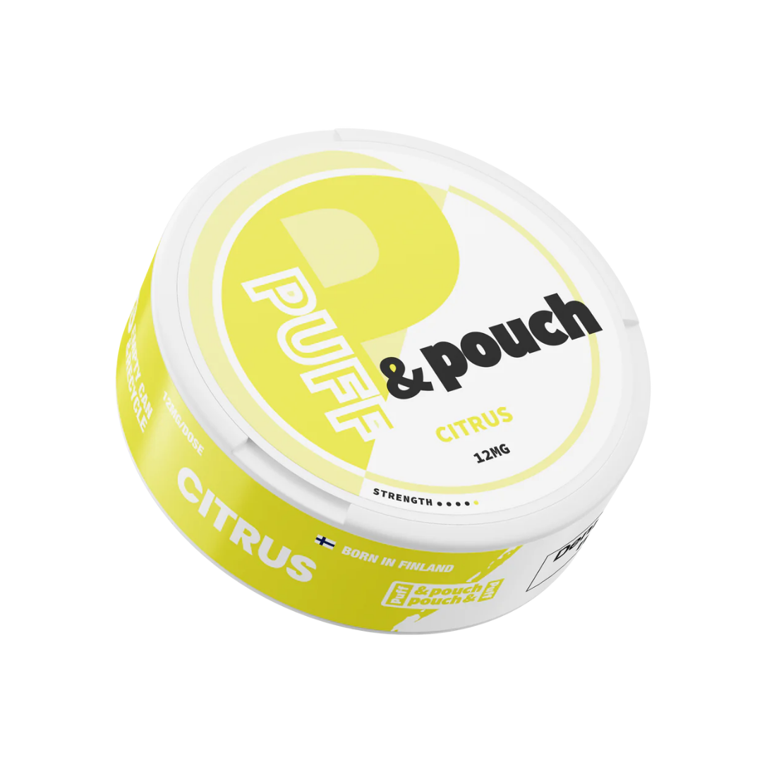Detail close-up of the round white and yellow snus can featuring the Puff & Pouch Citrus flavor label.