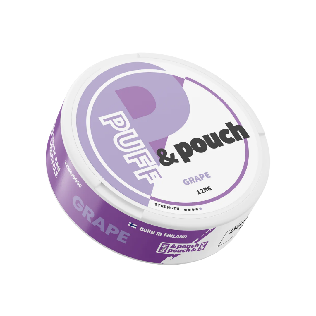 Detail close-up of a round purple snus can featuring grape flavor design on a white background