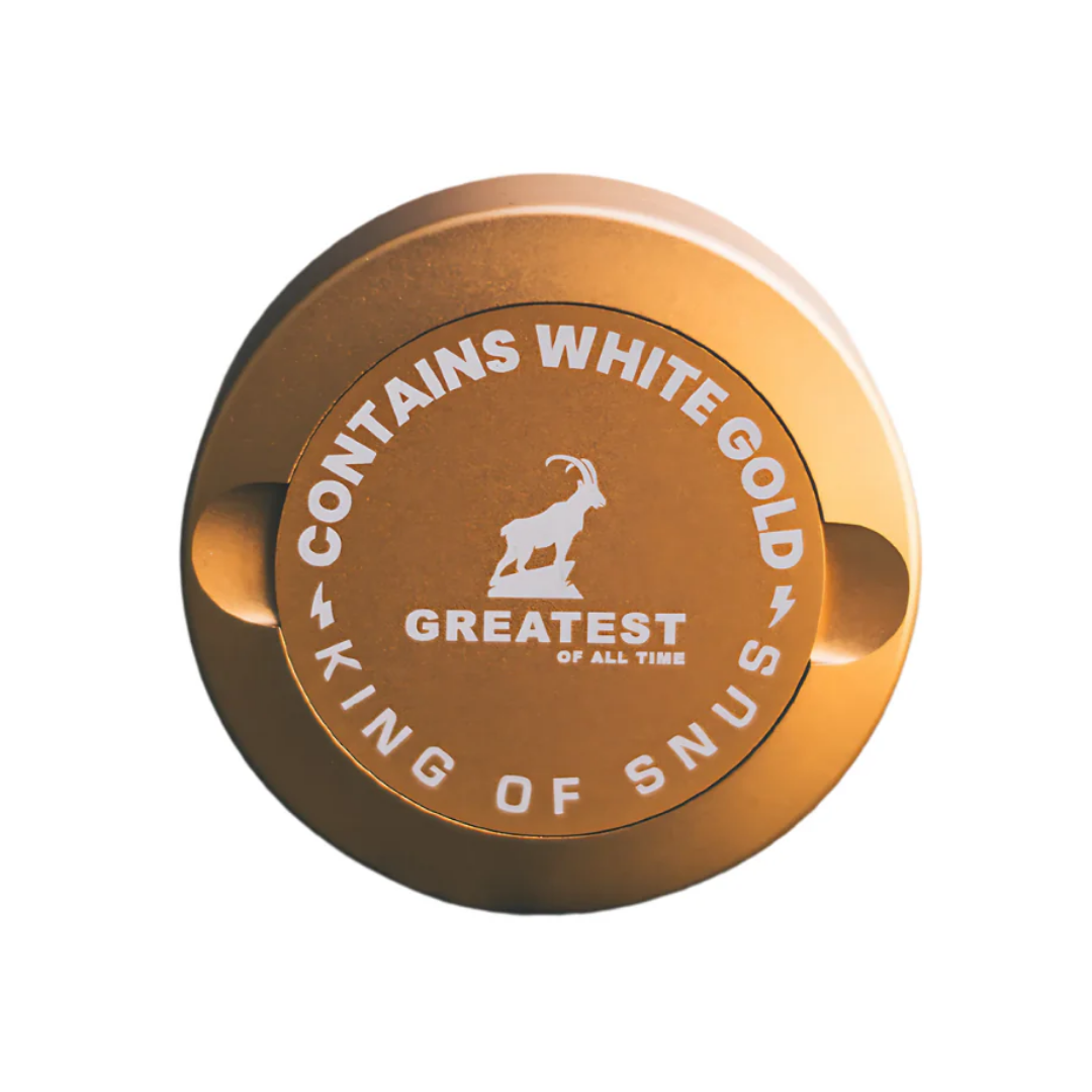 Detail close-up of the circular container lid featuring a textured surface and logo design in brown and white