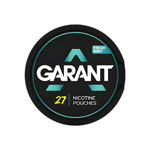 Close-up of the Garant logo in black, blue, and white with a circular design on a transparent background