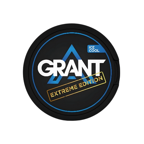 Circular packaging of Grant Ice Cool Extreme nicotine pouches in black, blue, and white with brand logo.