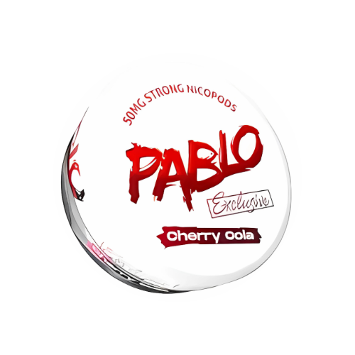 Front view of the Pablo Exclusive Cherry Cola pouch in a round container with red and white colors and graphic text.