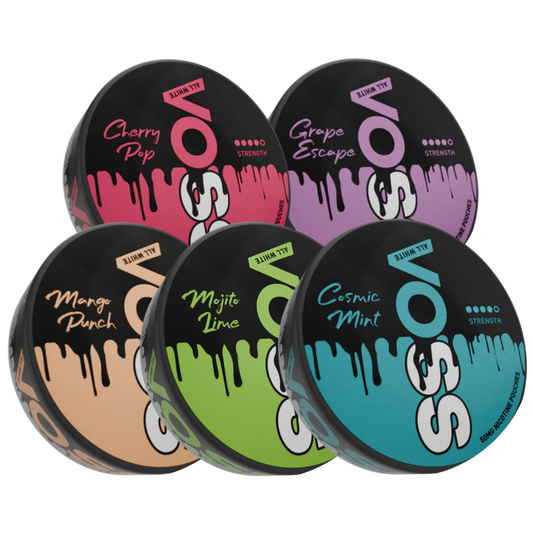 Packaging shot of the Voss mix pack featuring colorful lids in black, pink, purple, and green with a dripping design.
