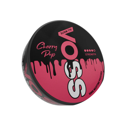 Front view of VOSS Cherry Pop in a round black and pink container with a dripping design and logo text.