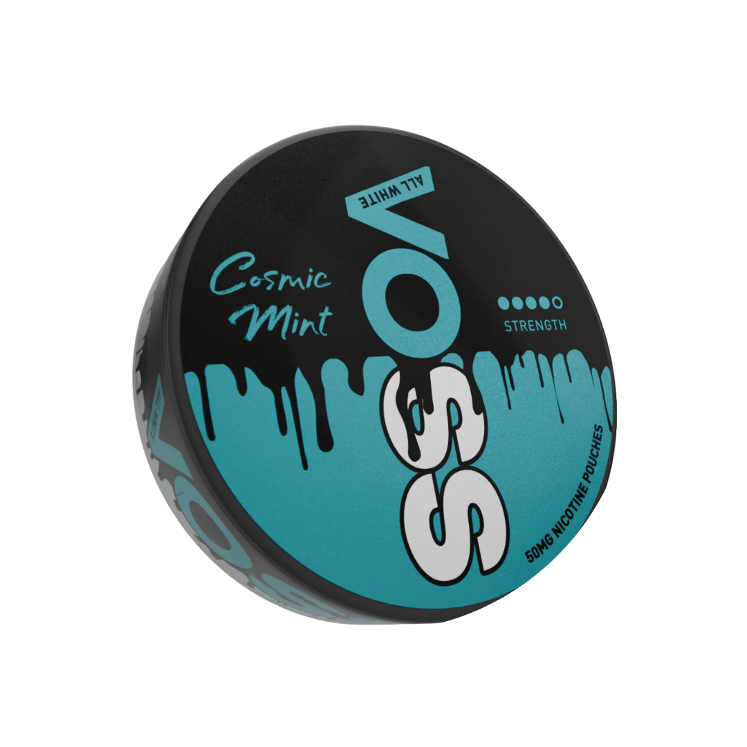 Detail close-up of the Voss container in black and teal featuring a dripping design and logo text.