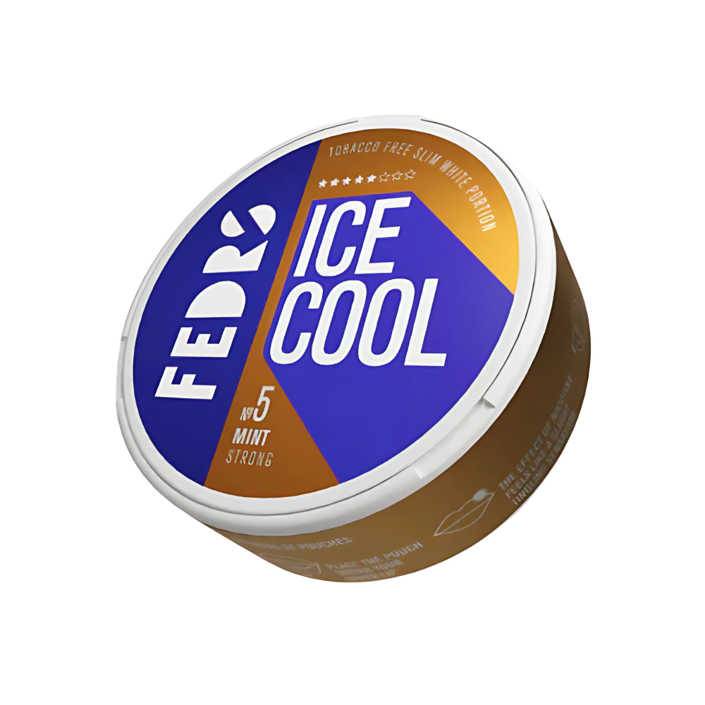 Detail view of the round blue and white snus can featuring a label design and screw top