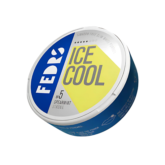 Front view of a round snus can featuring ice cool flavor with blue and yellow label design.