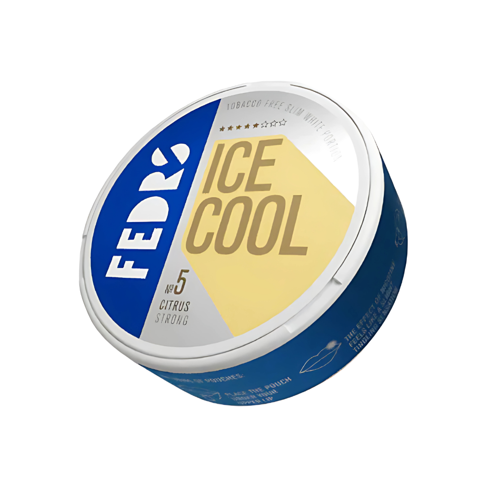 Front view of a circular tin of Fedrs Ice Cool Citrus No.5 with a blue, yellow, and white label design featuring cooling f…
