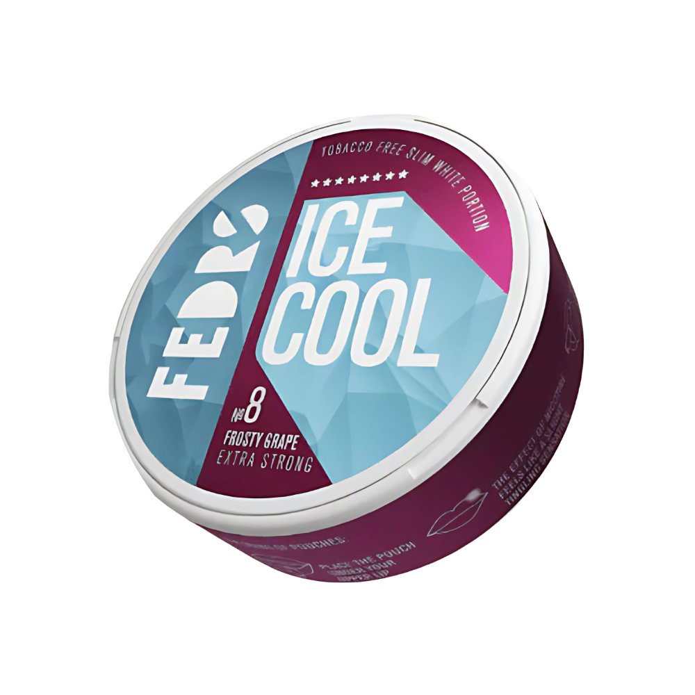Front view of a round snus can in purple and blue, showcasing ice cool flavor branding.