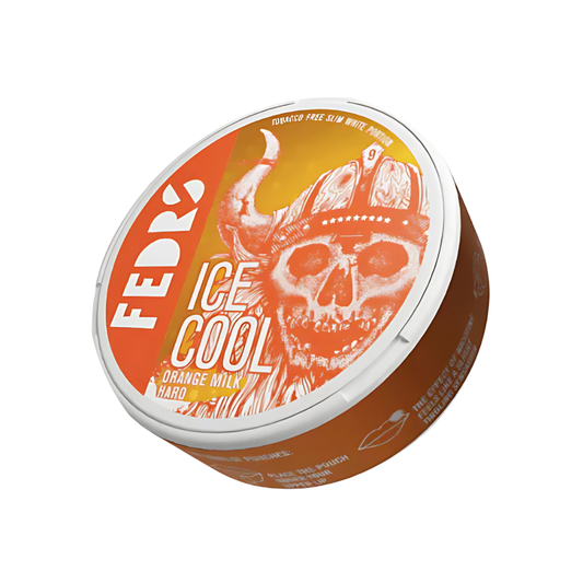 Detail close-up of the orange and white circular container featuring a skull graphic and screw top lid