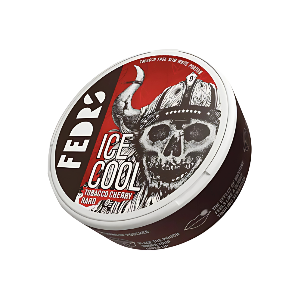Detail close-up of the Fedrs Ice Cool Tobacco Cherry snus container featuring a skull design and viking motif in red and b…