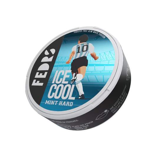 Front view of the round snus can featuring blue, black, and white graphic design with mint flavor label.