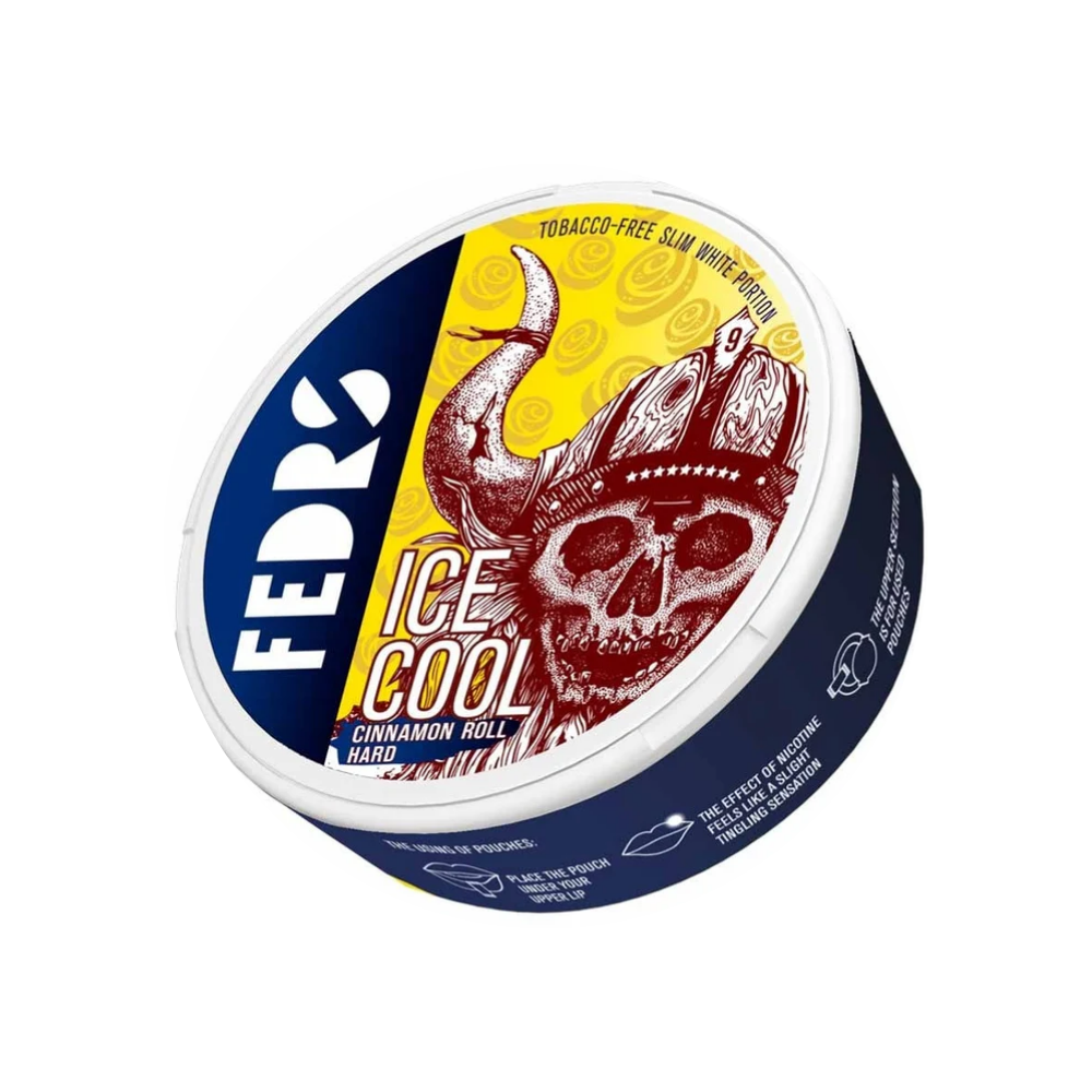 Front view of the round snuff can featuring a skull design in blue, yellow, and red colors.