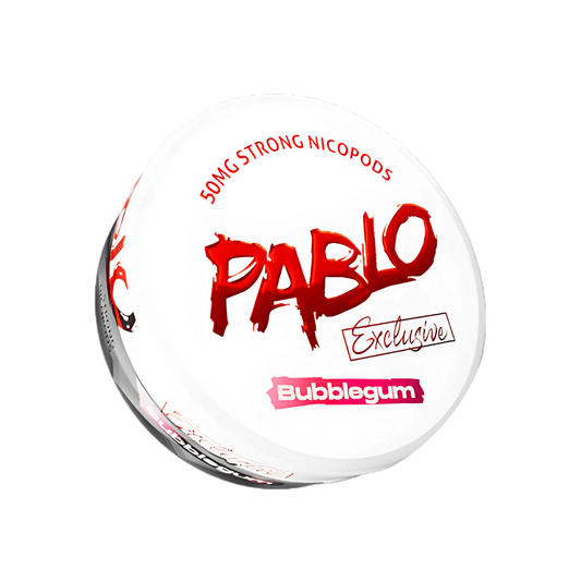 Detail close-up of the round white and red Pablo product container featuring graphic text and label design.