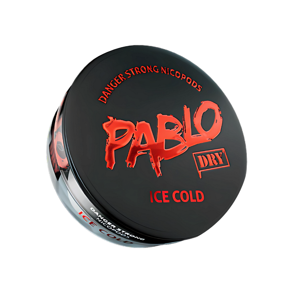 Detail close-up of the black container featuring the ice cold label and graphic text on a transparent background