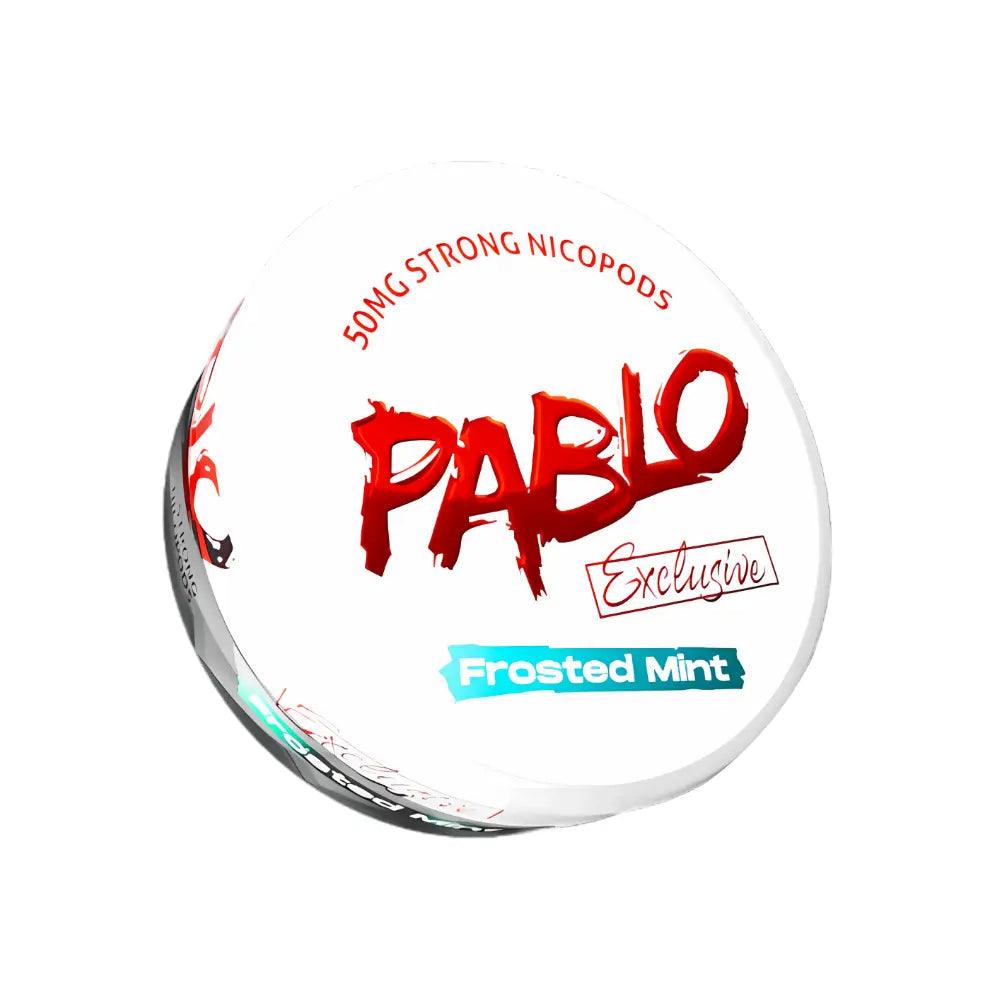 Detail close-up of the round Pablo mint container showcasing graphic text in white, red, and turquoise colors.