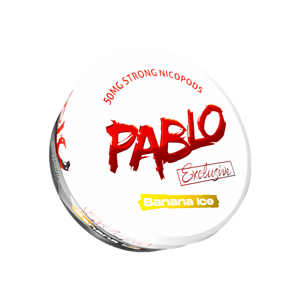 Front view of Pablo Exclusive Banana Ice Snus container with bold text and gold accents on a transparent background
