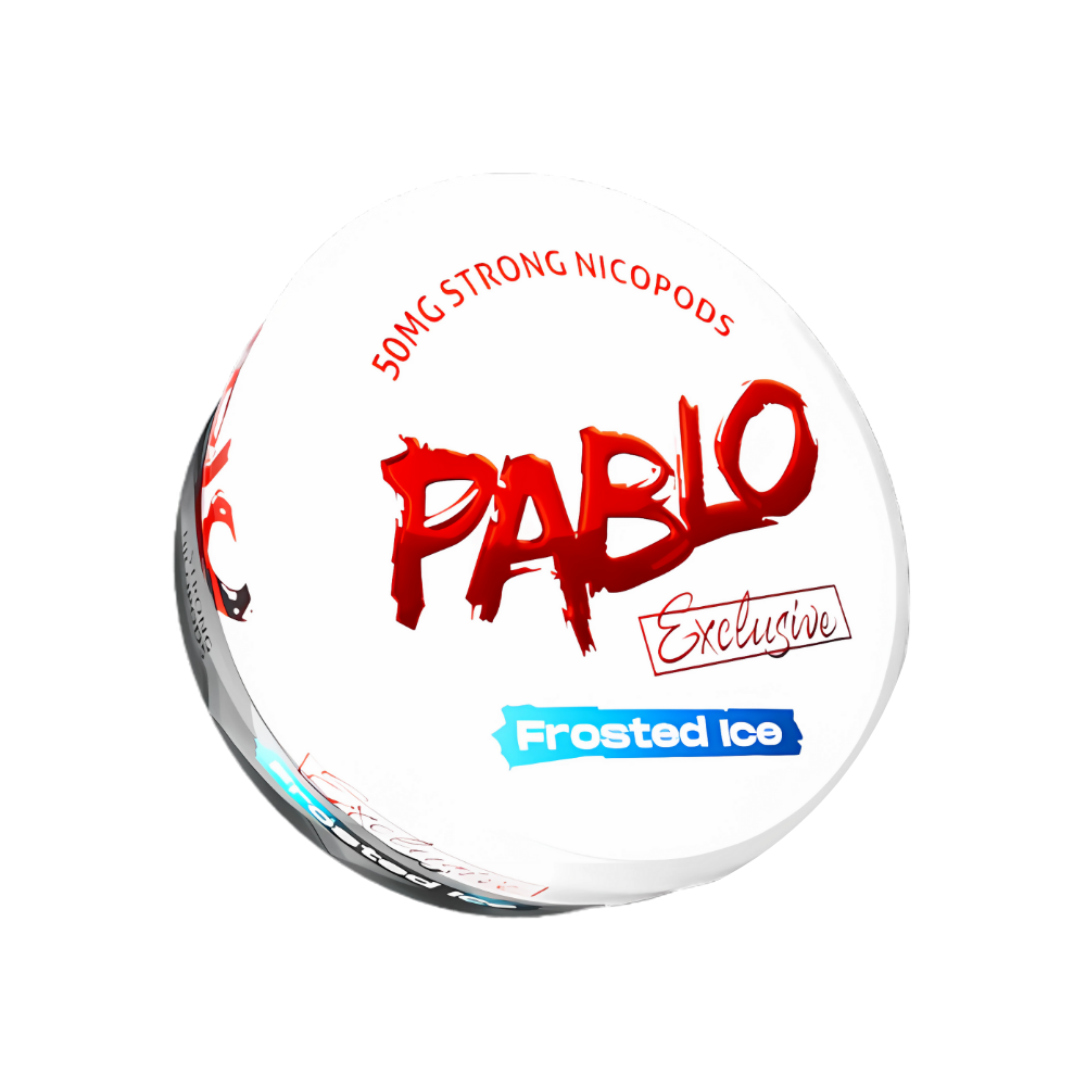 Detail close-up of the Pablo mint tin featuring a circular design in white, red, and blue with graphic text.