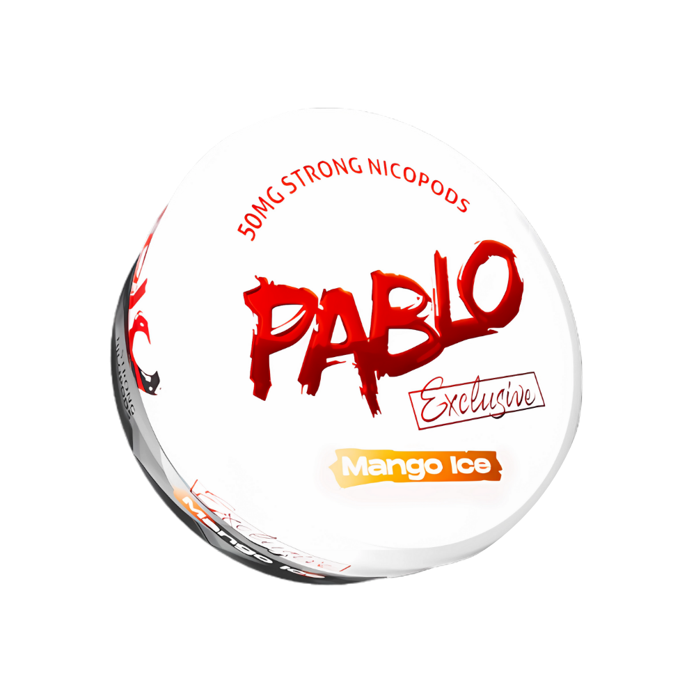 Front view of the round white and red Pablo product container featuring bold text and label design.
