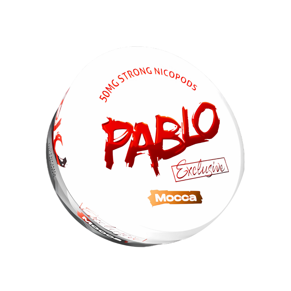 Detail close-up of the Pablo Exclusive Mocca tin featuring a circular design in white, red, and gold.