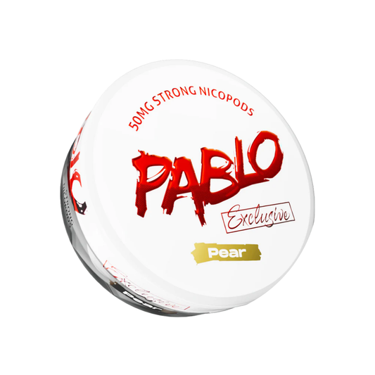Front view of the round white and red Pablo product container with a bold logo and screw top.