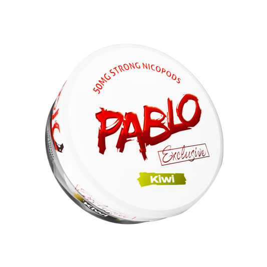 Detail close-up of the round white and red Pablo container showcasing the bold logo and kiwi flavor.