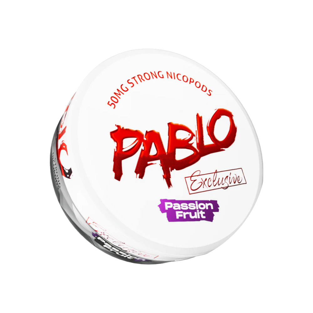 Front view of the round container of Pablo Exclusive Passion Fruit snus featuring a bold red and purple logo on a transpar…
