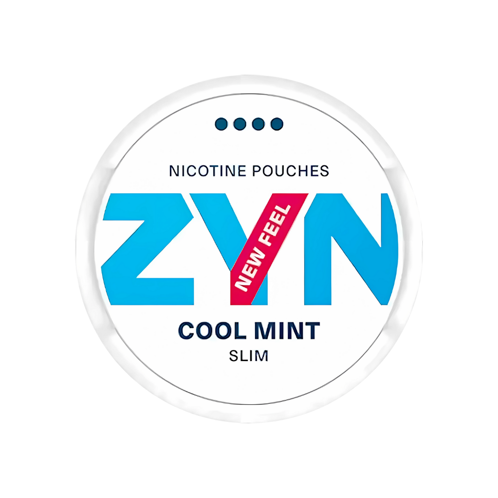Detail close-up of ZYN Cool Mint packaging showcasing bold text and circular design in blue and white.
