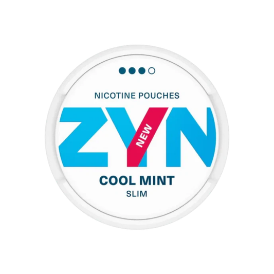 Detail close-up of Zyn Slim Cool Mint can showcasing mint flavor, featuring white and blue colors with branding.