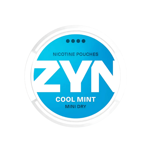 Front view of ZYN Cool Mint nicotine pouches in a circular tin, featuring blue and white colors.