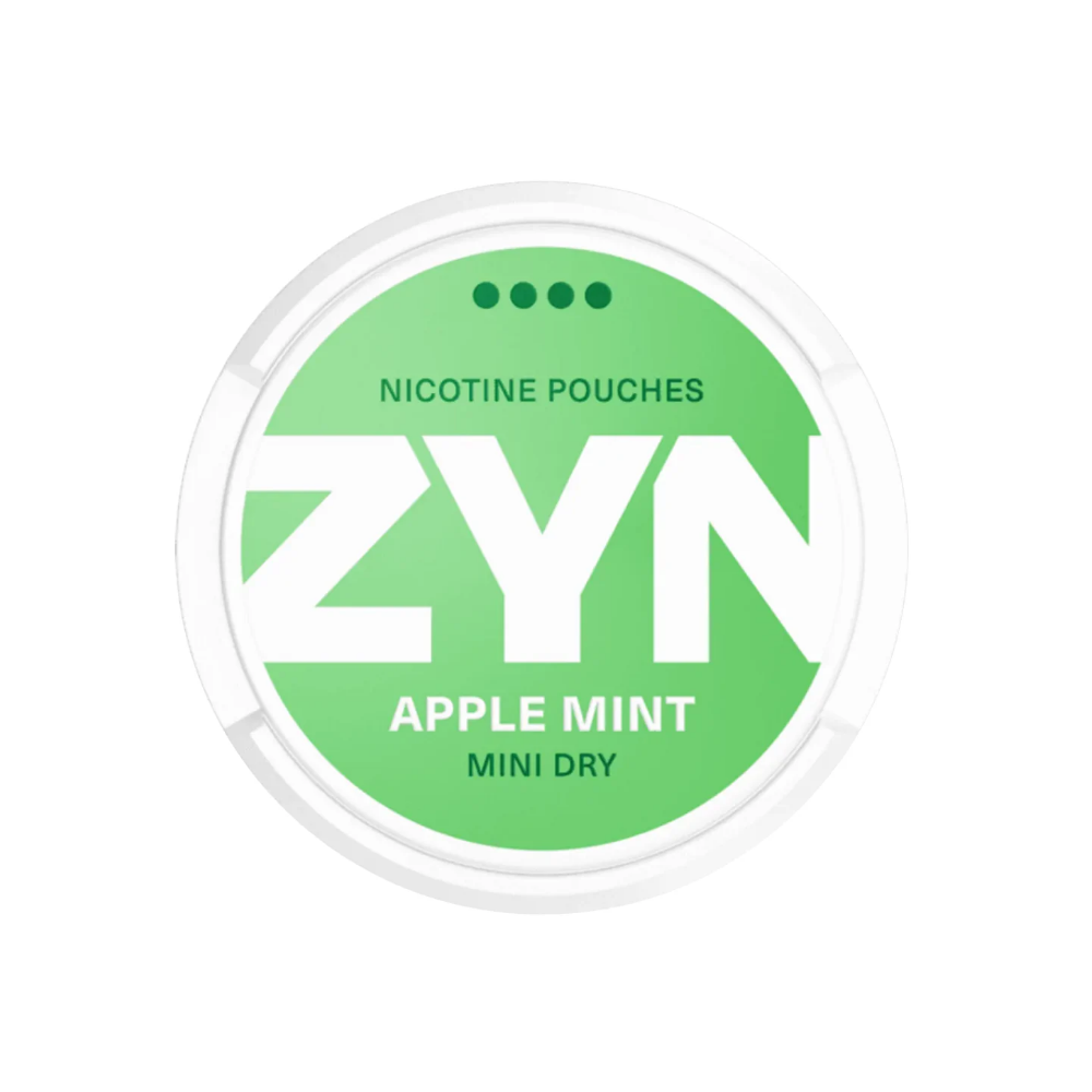 Detail close-up of ZYN Apple Mint nicotine pouch container featuring green and white circular design and bold text.