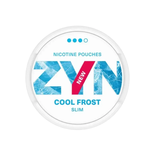 Detail close-up of ZYN Cool Mint in a circular tin showcasing bold text with white, blue, and pink colors.