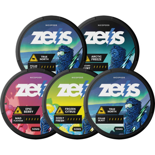 Packaging shot of the Zeus variety pack showcasing colorful labels in blue, green, pink, and yellow.