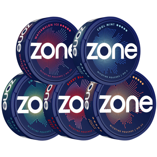 Packaging shot of the 5 x Zone Mixpack featuring blue, red, and white snus cans with a variety pack logo.