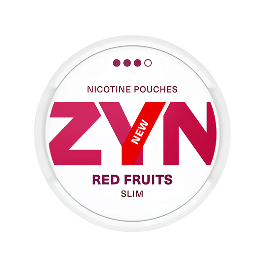 Detail close-up of ZYN nicotine pouch in a round container, showcasing bold red and white colors with flavor indication.