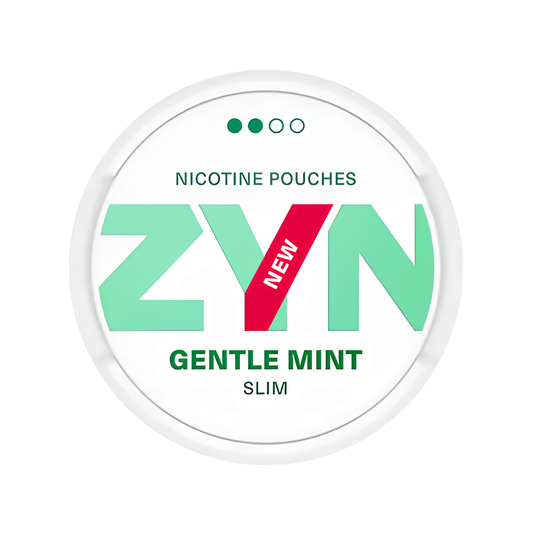 Detail close-up of ZYN Gentle Mint in a circular tin, showcasing green and white branding with a flavor label.